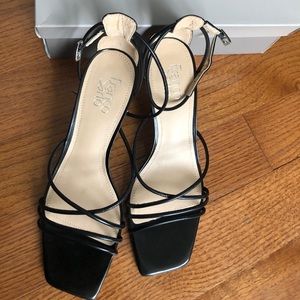 Size 10 genuine leather, Franco Sarto, square-toe, low-heel, strappy sandals.